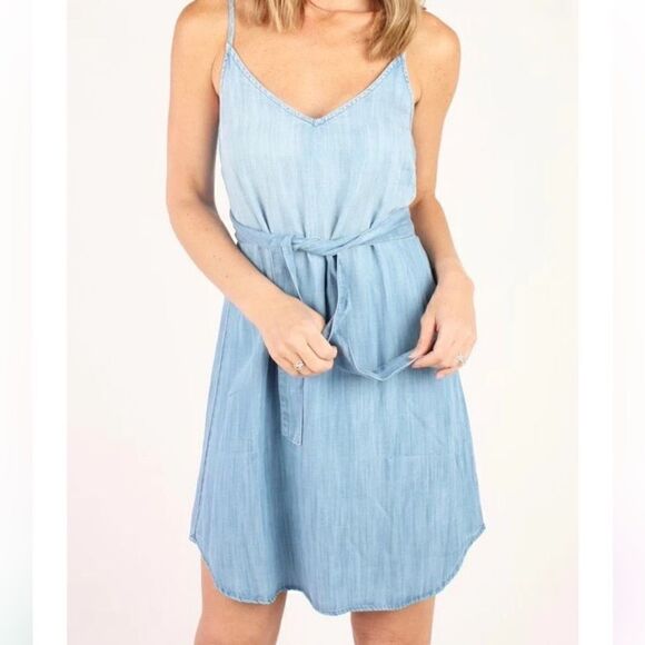Bella Dahl Belted Smocked Back Dress Sz Large Silverlake Linen Spaghetti Straps - Picture 1 of 8
